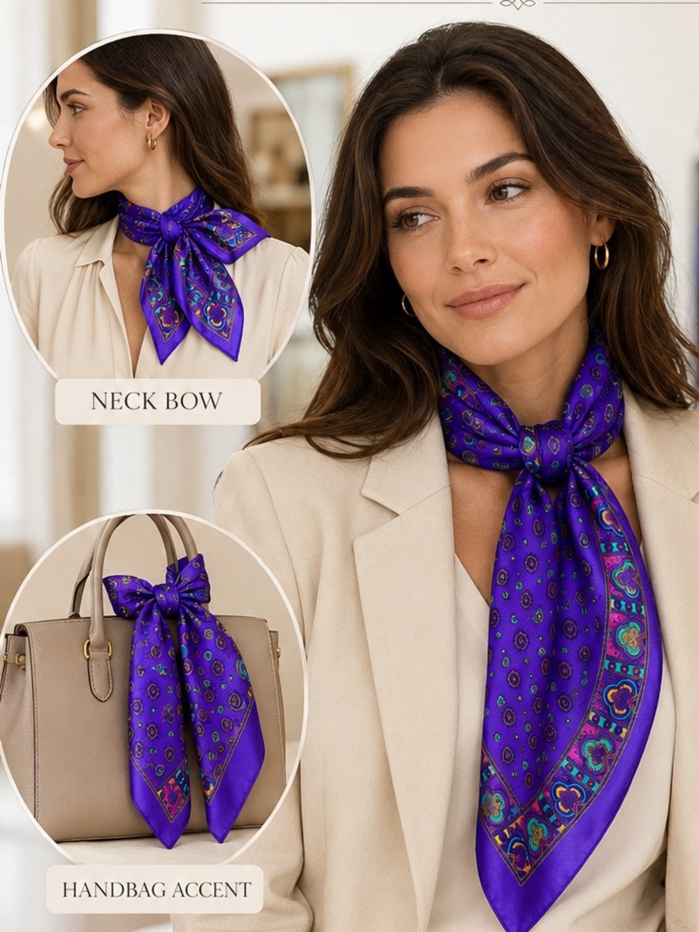 Vintage Inspired Purple Satin Scarf Geometric‎ Medallion Print Wrap